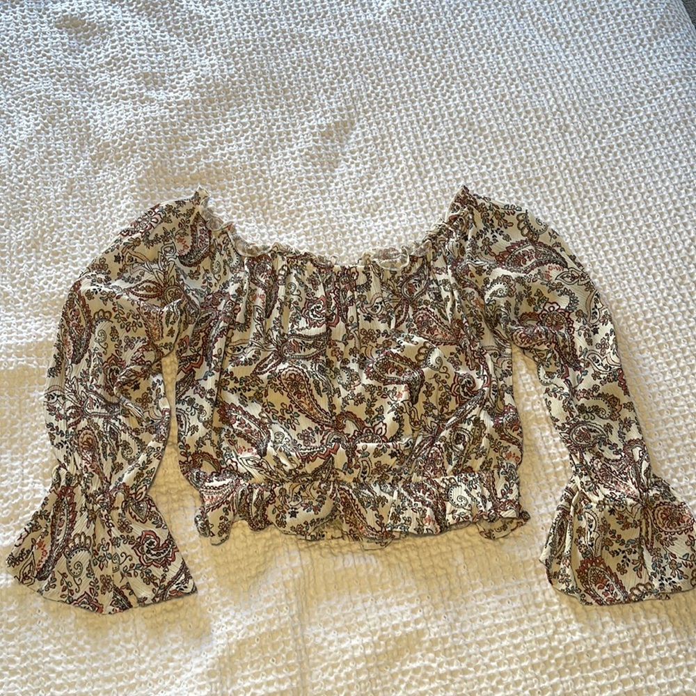 Off Shoulder Long Sleeve Cropped Blouse - Picture 1 of 7